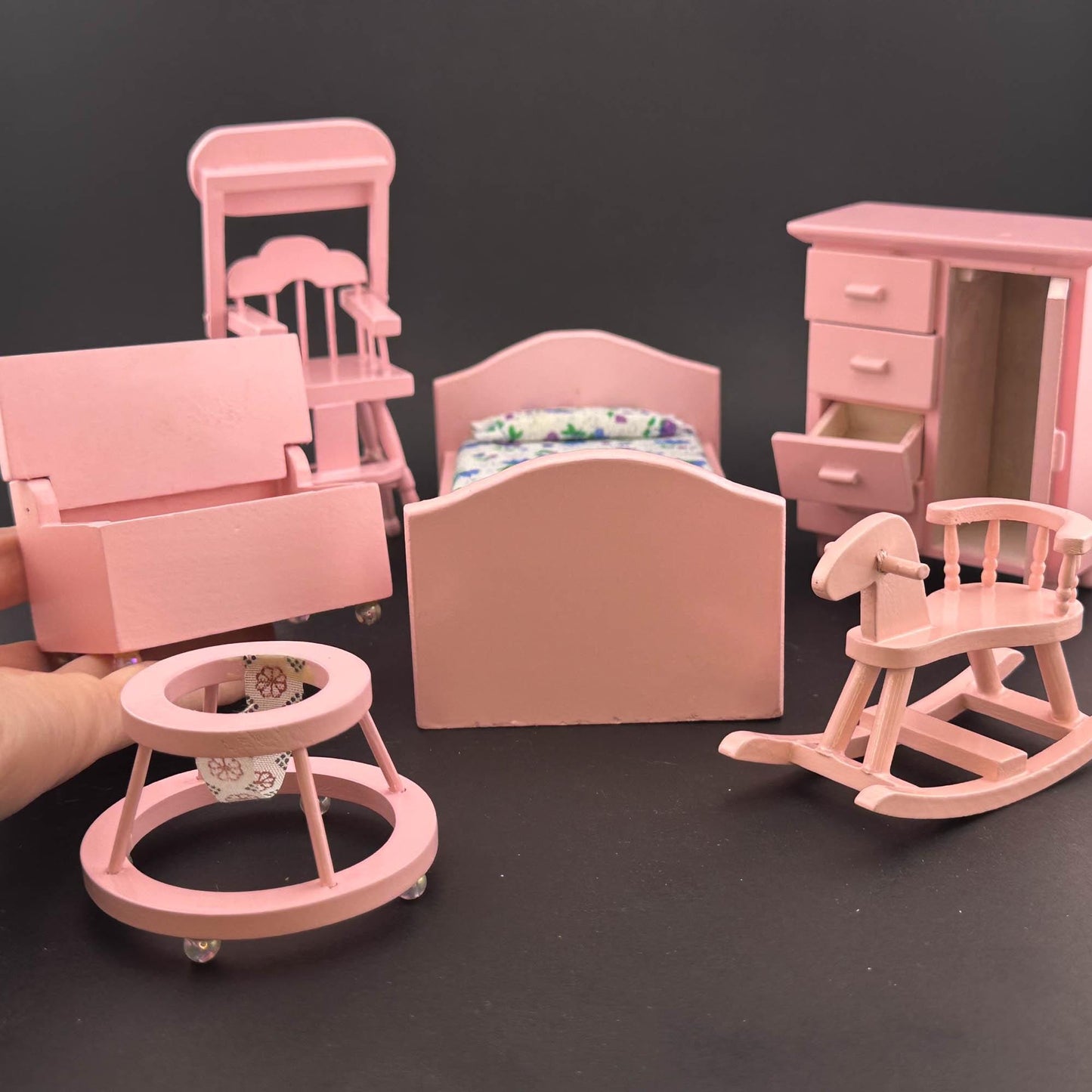 Miniature pink Toddler girl Room set 6pcs bed dresser rocking horse high chair for 1:12 scale dollhouse economic