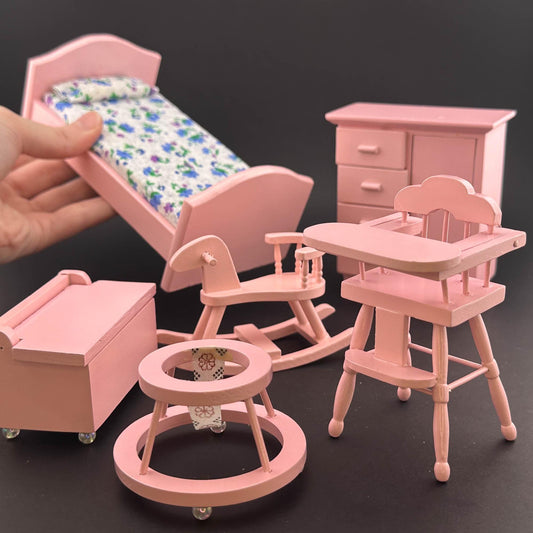 Miniature pink Toddler girl Room set 6pcs bed dresser rocking horse high chair for 1:12 scale dollhouse economic