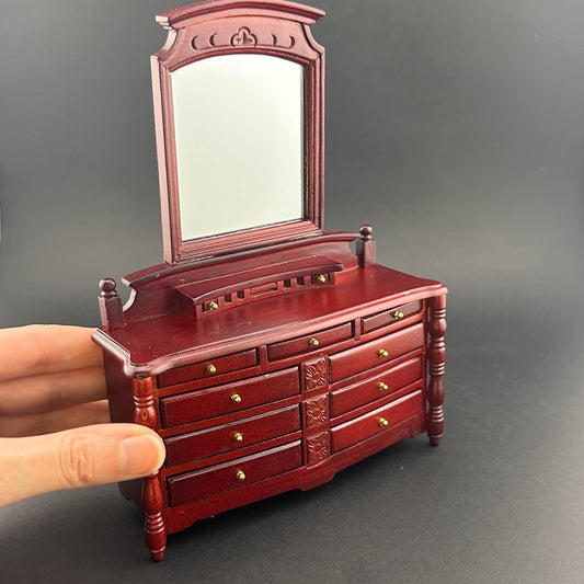 Miniature dresser with mirror for 1:12 scale dollhouse wood In mahogany color with functional drawers.
