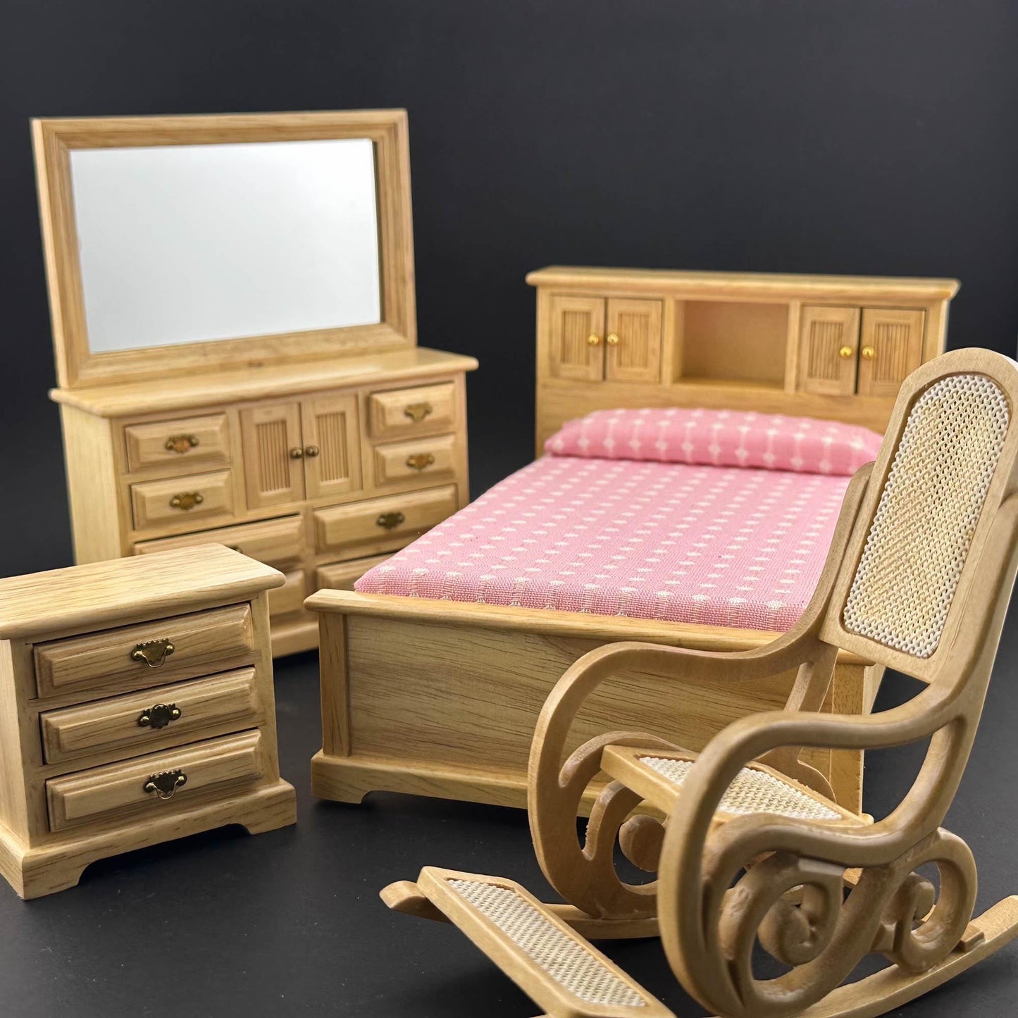 Miniature bedroom suite Economy Set 4pcs bed rocking chair dresser bedstand for 1:12 scale dollhouses miniature oak wood