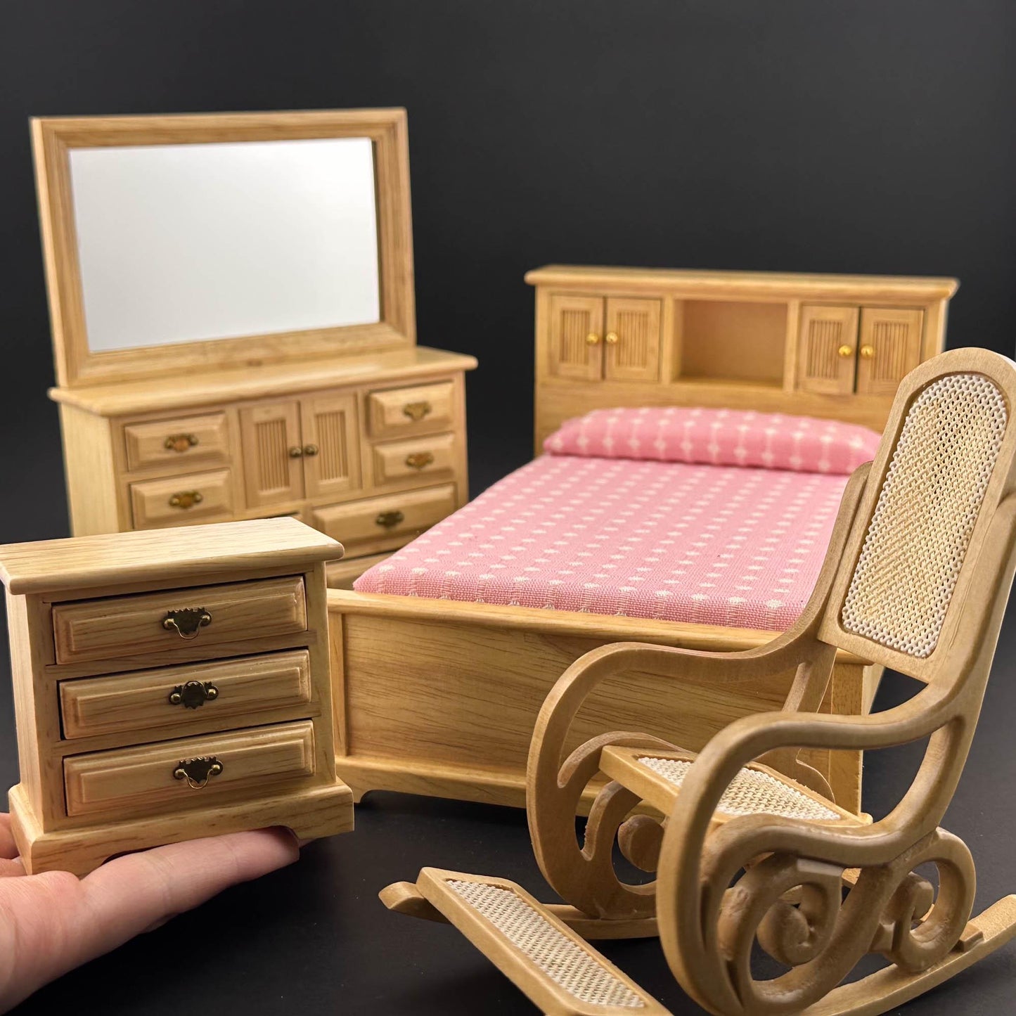 Miniature bedroom suite Economy Set 4pcs bed rocking chair dresser bedstand for 1:12 scale dollhouses miniature oak wood