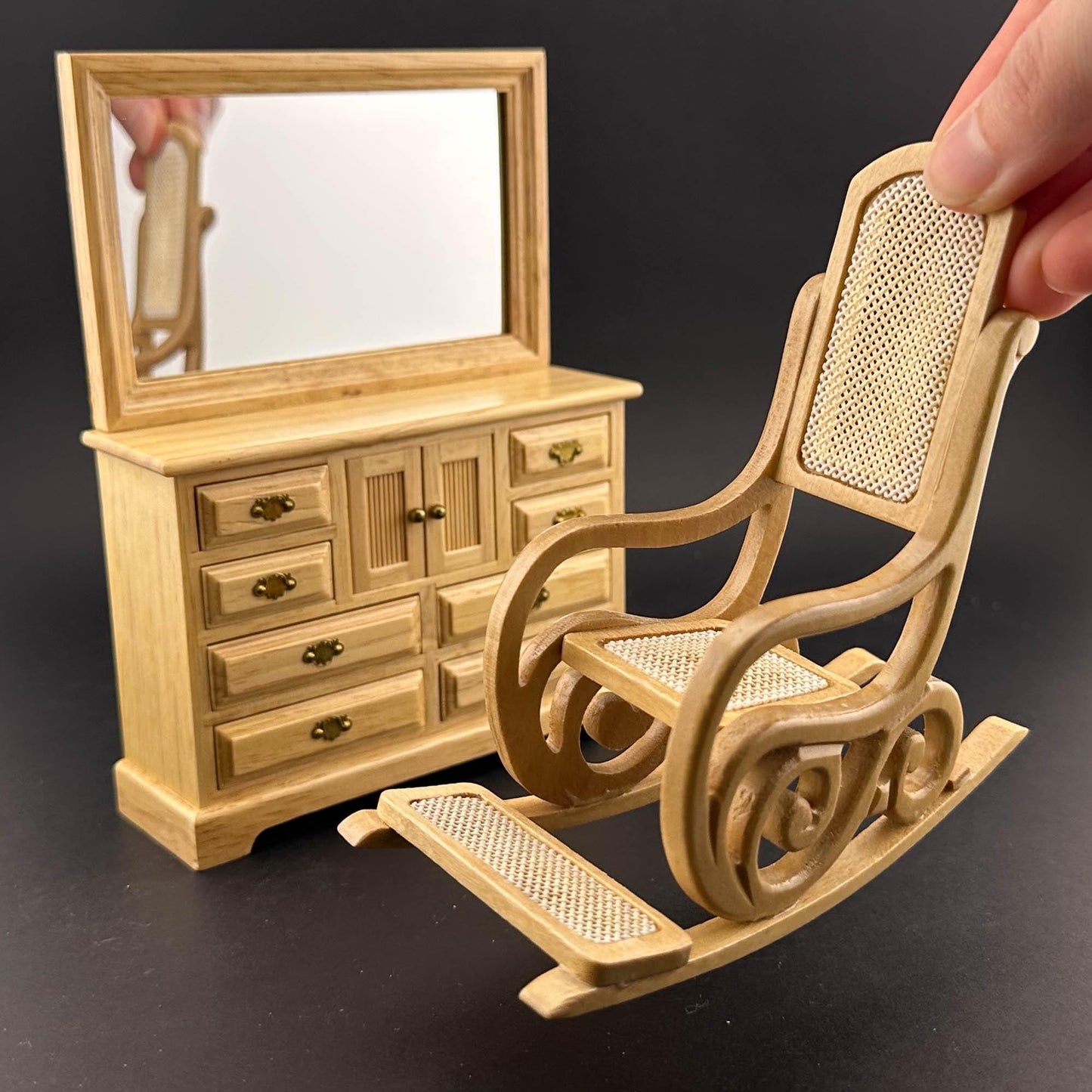 Miniature bedroom suite Economy Set 4pcs bed rocking chair dresser bedstand for 1:12 scale dollhouses miniature oak wood