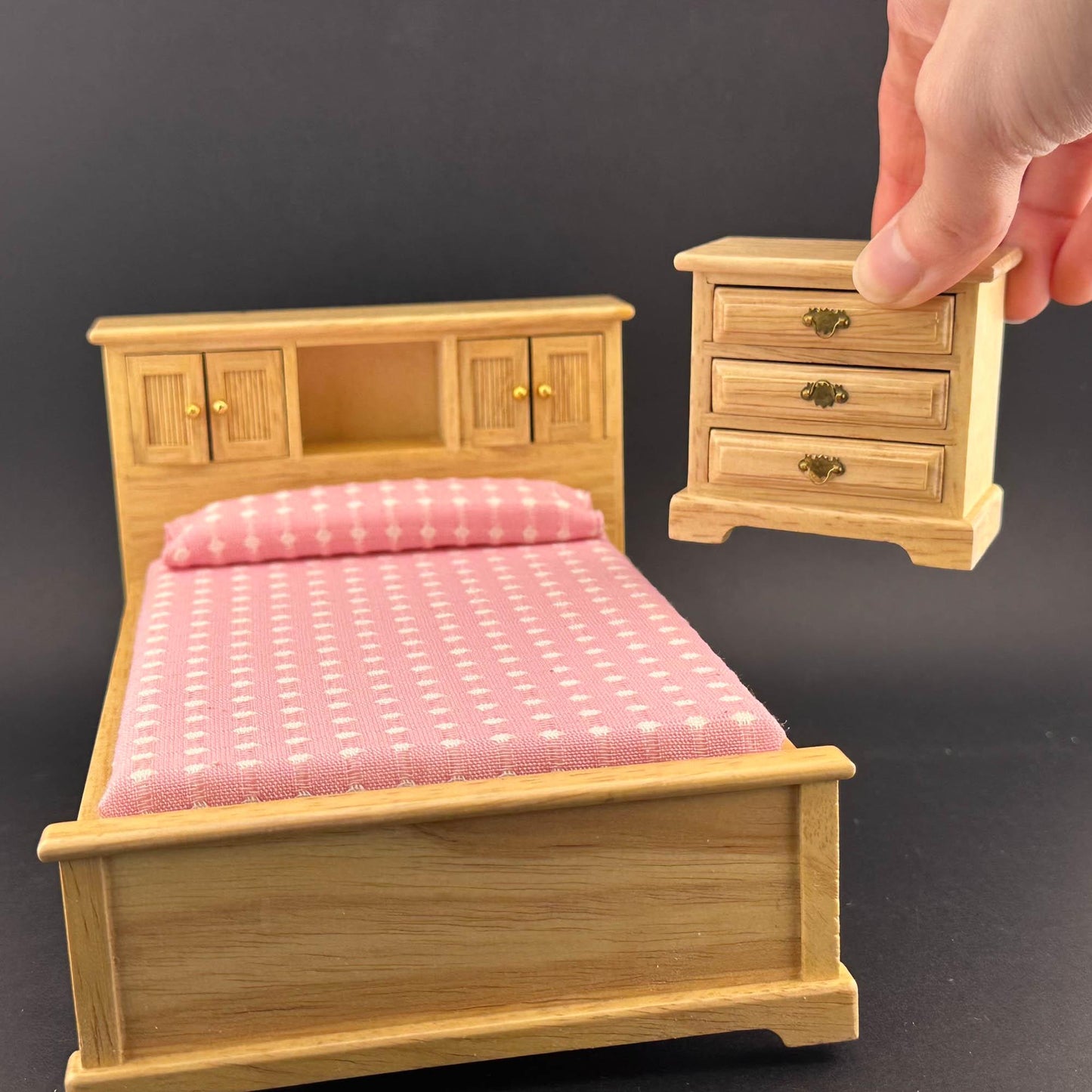 Miniature bedroom suite Economy Set 4pcs bed rocking chair dresser bedstand for 1:12 scale dollhouses miniature oak wood