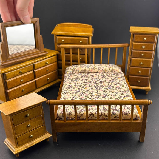 Miniature bedroom suite Economy Set 6pcs ber dresser bedstand mirror for 1:12 scale dollhouses miniature walnut wood