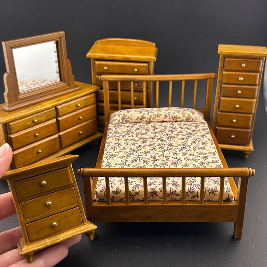 Miniature bedroom suite Economy Set 6pcs ber dresser bedstand mirror for 1:12 scale dollhouses miniature walnut wood