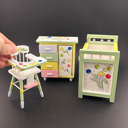 Nursery baby miniature Set 3pcs cradle highchair dresser Flowers decoration for 1:12 scale dollhouse economic