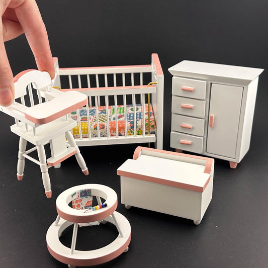 Nursery baby girl miniature Set 5pcs cradle highchair dresser pink classics decoration for 1:12 scale dollhouse economic