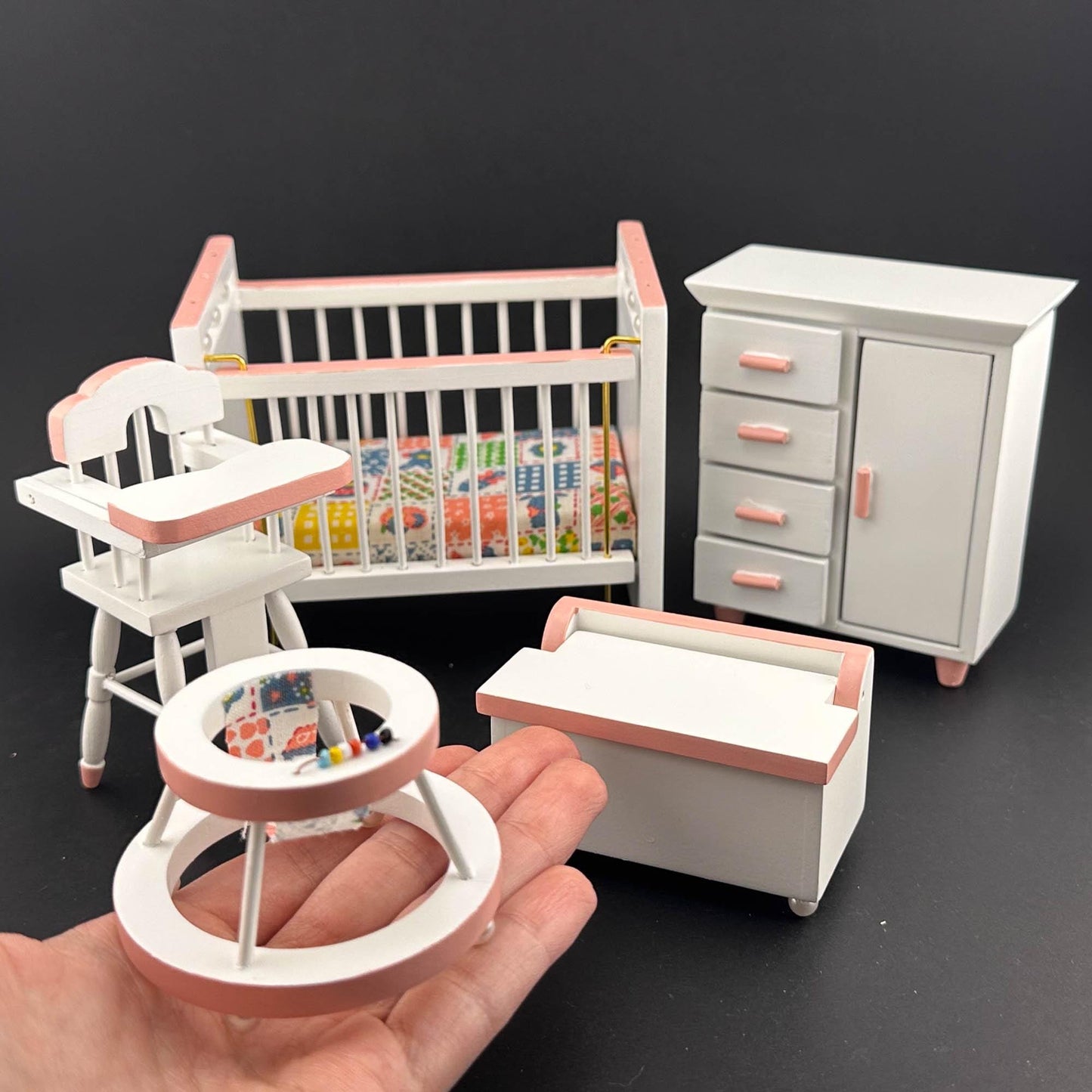 Nursery baby girl miniature Set 5pcs cradle highchair dresser pink classics decoration for 1:12 scale dollhouse economic
