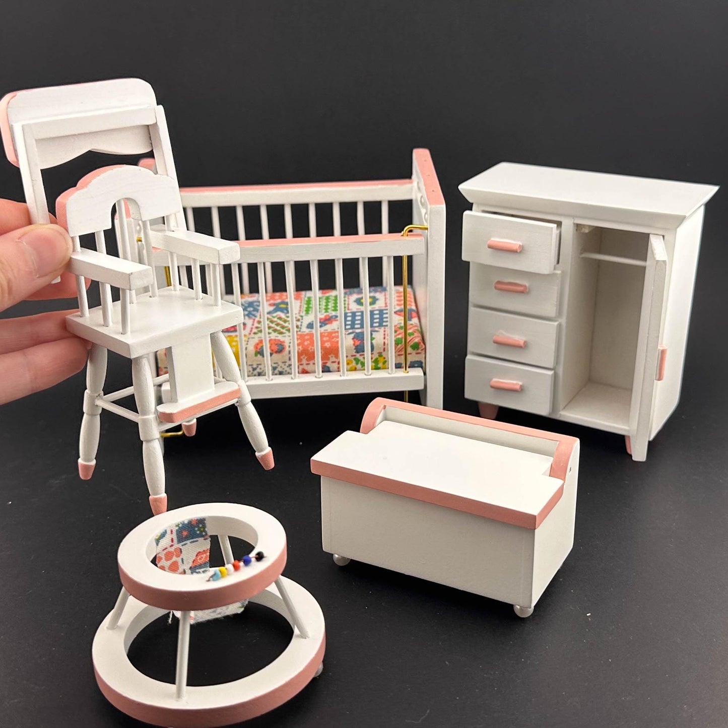Nursery baby girl miniature Set 5pcs cradle highchair dresser pink classics decoration for 1:12 scale dollhouse economic