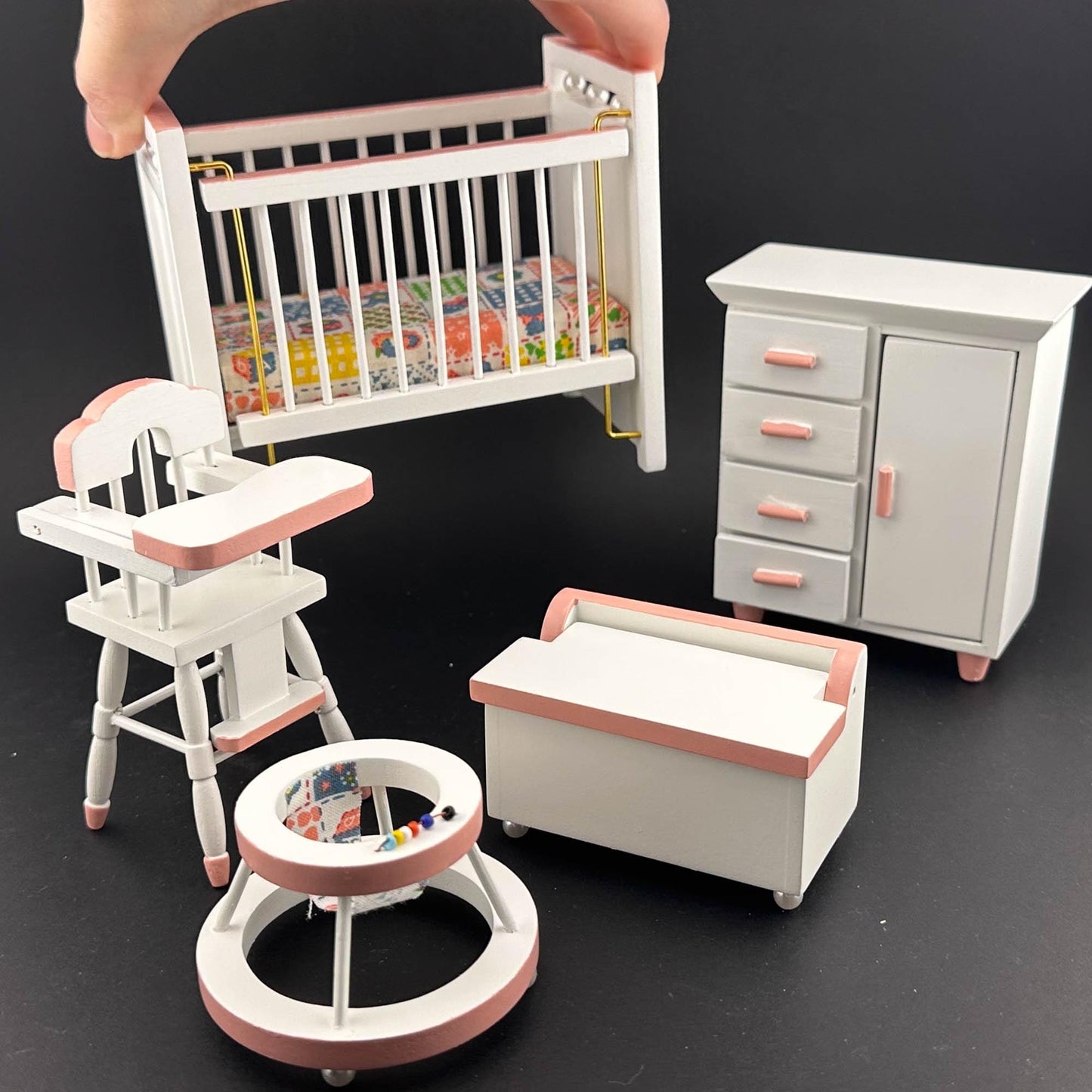 Nursery baby girl miniature Set 5pcs cradle highchair dresser pink classics decoration for 1:12 scale dollhouse economic