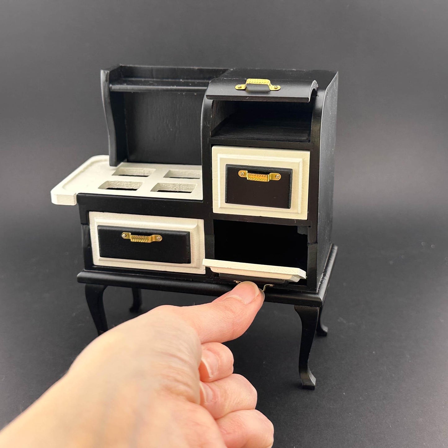 Vintage wooden gas stove range with ovens dollhouse miniature 1:12 scale