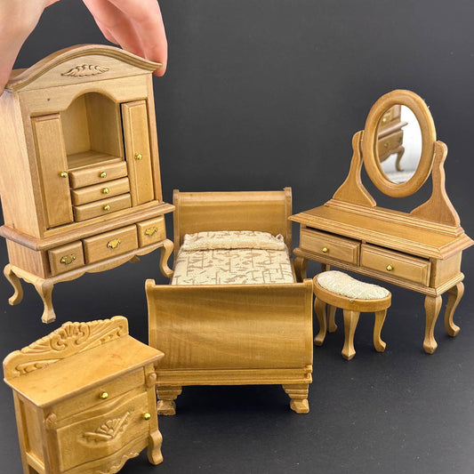 Victorian Miniature bedroom child Girl suite Economy Set 5pcs bed dresser bedstand mirror wardrobe 1:12 scale dollhouses miniature oak wood