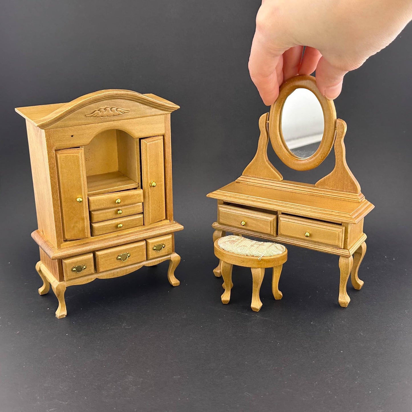 Victorian Miniature bedroom child Girl suite Economy Set 5pcs bed dresser bedstand mirror wardrobe 1:12 scale dollhouses miniature oak wood
