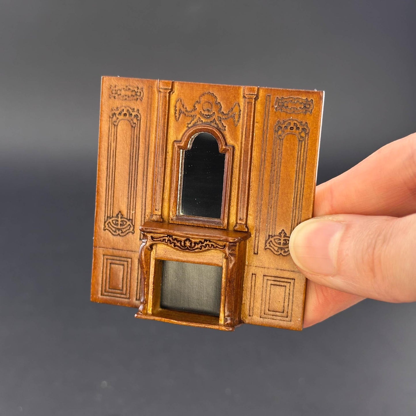 1:48 scale fireplace wall panel with mirror handcrafted wood  quarter scale  WALNUT wood 1/48 Top Quality dollhouse miniature