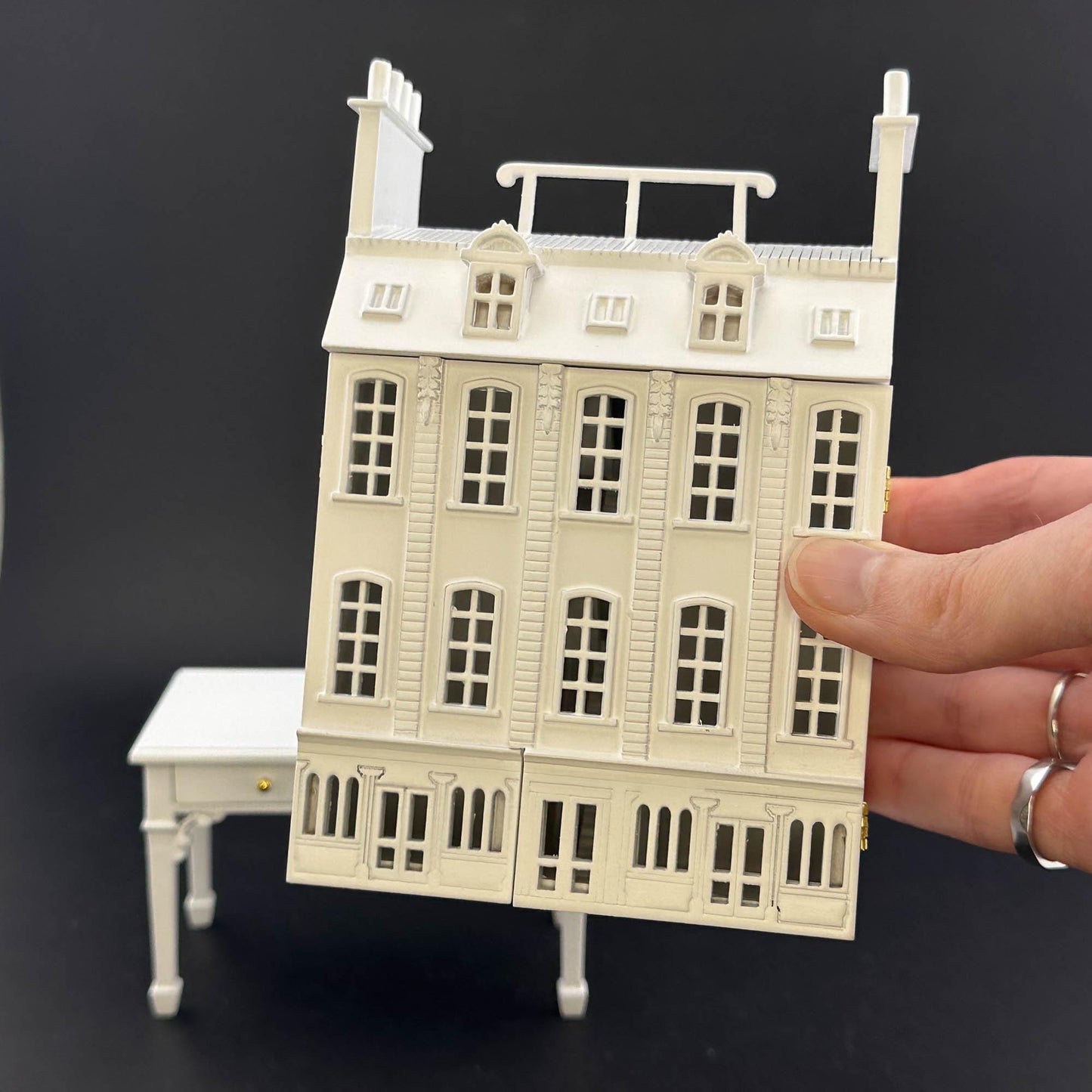 French Townhouse Dollhouse for 1:12 Dollhouse with Table WHITE 1/144 scale Top Quality front opening Four floors and shops stores staircases