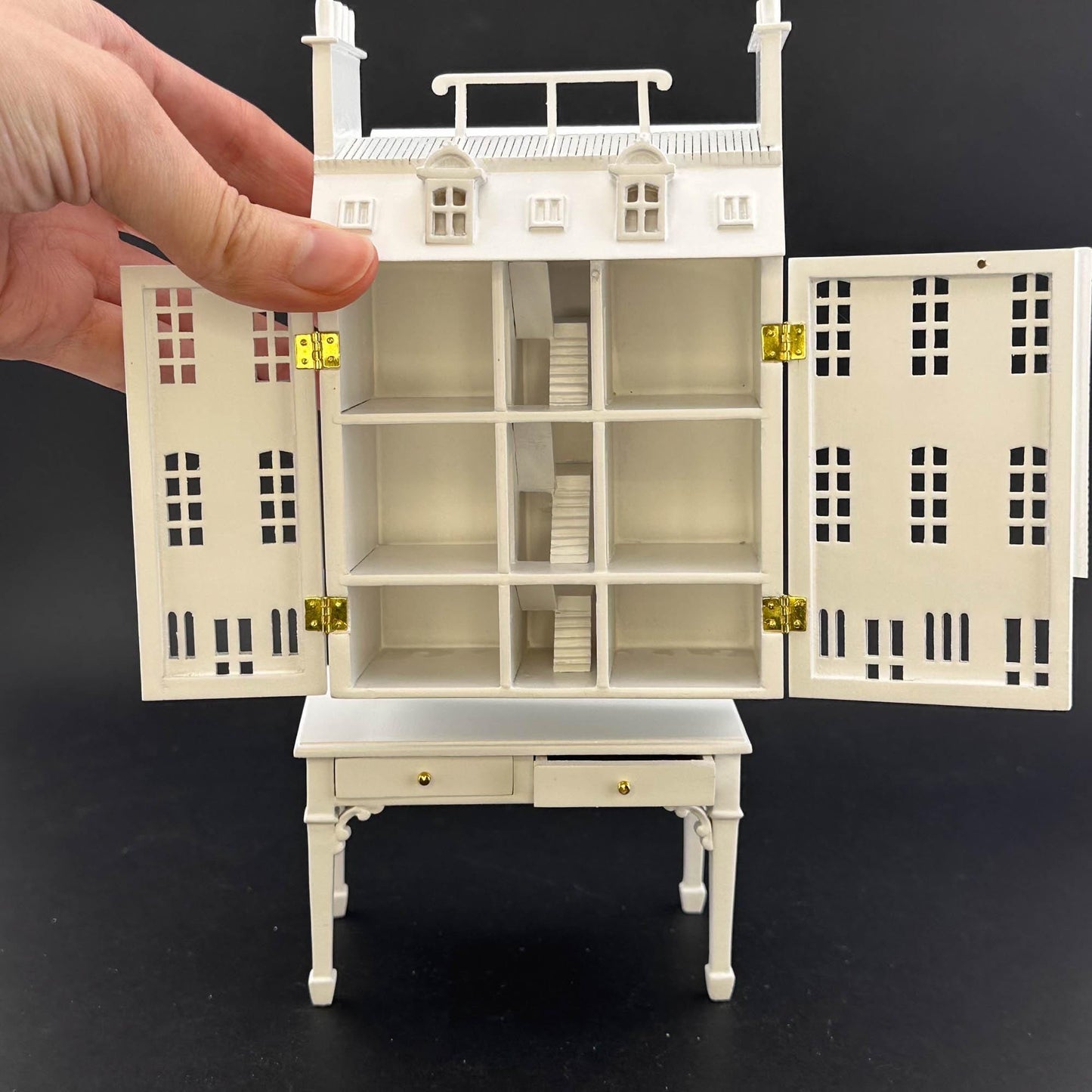 French Townhouse Dollhouse for 1:12 Dollhouse with Table WHITE 1/144 scale Top Quality front opening Four floors and shops stores staircases
