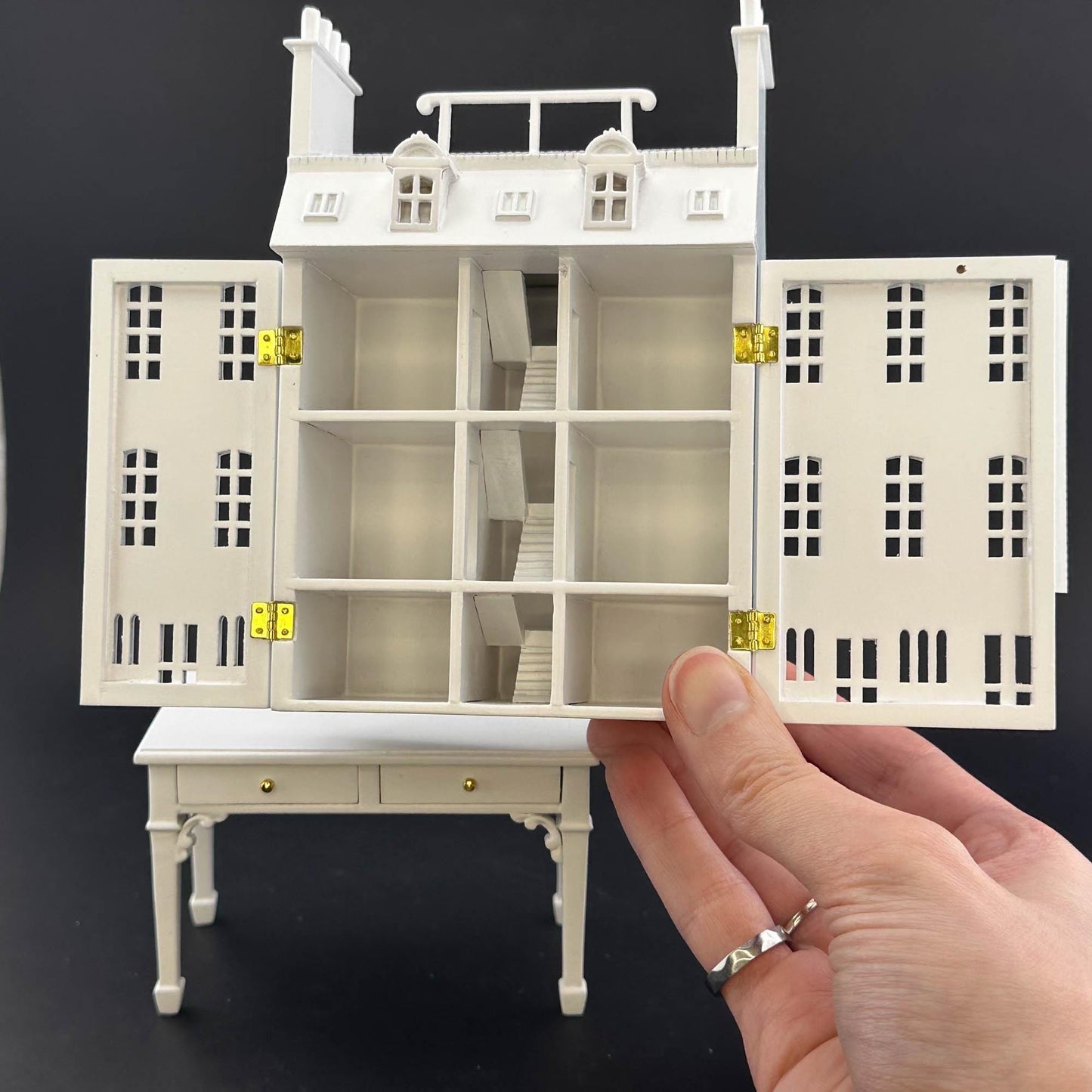 French Townhouse Dollhouse for 1:12 Dollhouse with Table WHITE 1/144 scale Top Quality front opening Four floors and shops stores staircases