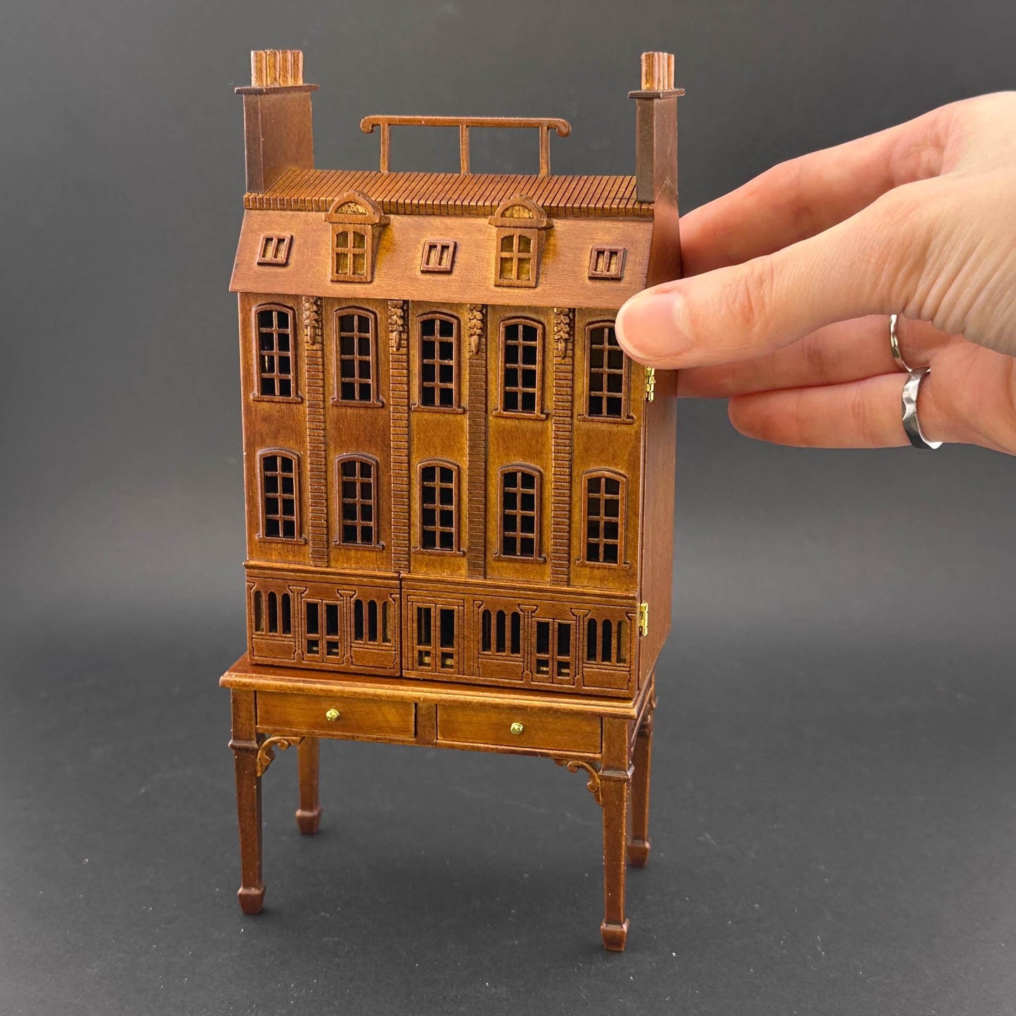 French Townhouse Dollhouse for 1:12 Dollhouse with Table WALNUT 1/144 scale Top Quality front opening 4-floors and shops stores staircases