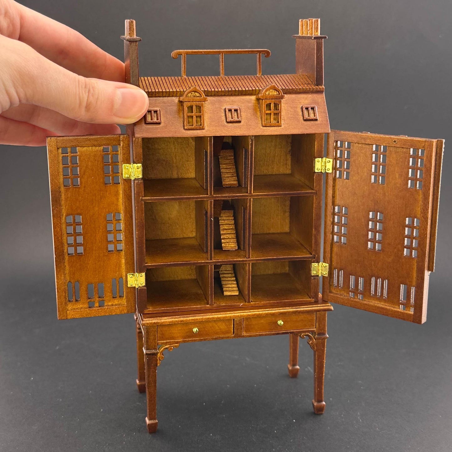 French Townhouse Dollhouse for 1:12 Dollhouse with Table WALNUT 1/144 scale Top Quality front opening 4-floors and shops stores staircases