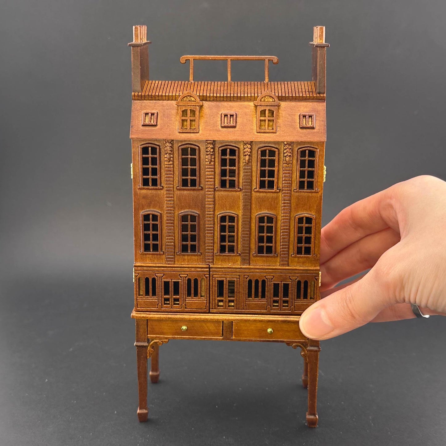 French Townhouse Dollhouse for 1:12 Dollhouse with Table WALNUT 1/144 scale Top Quality front opening 4-floors and shops stores staircases