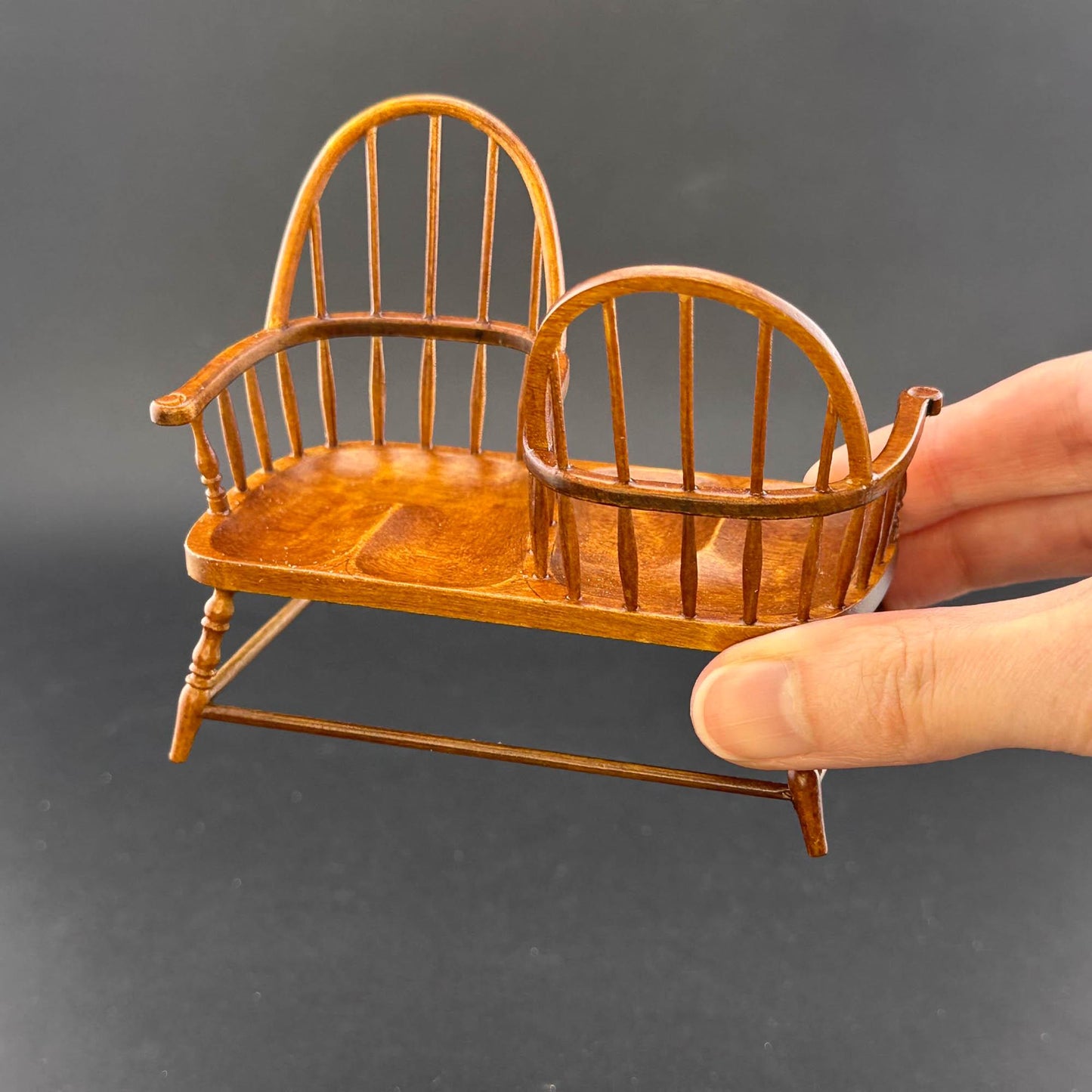 Miniature Love Seat Kissing Bench, Wooden High Back Double Spindle Windsor Style for 1:12 scale dollhouse Handcrafted