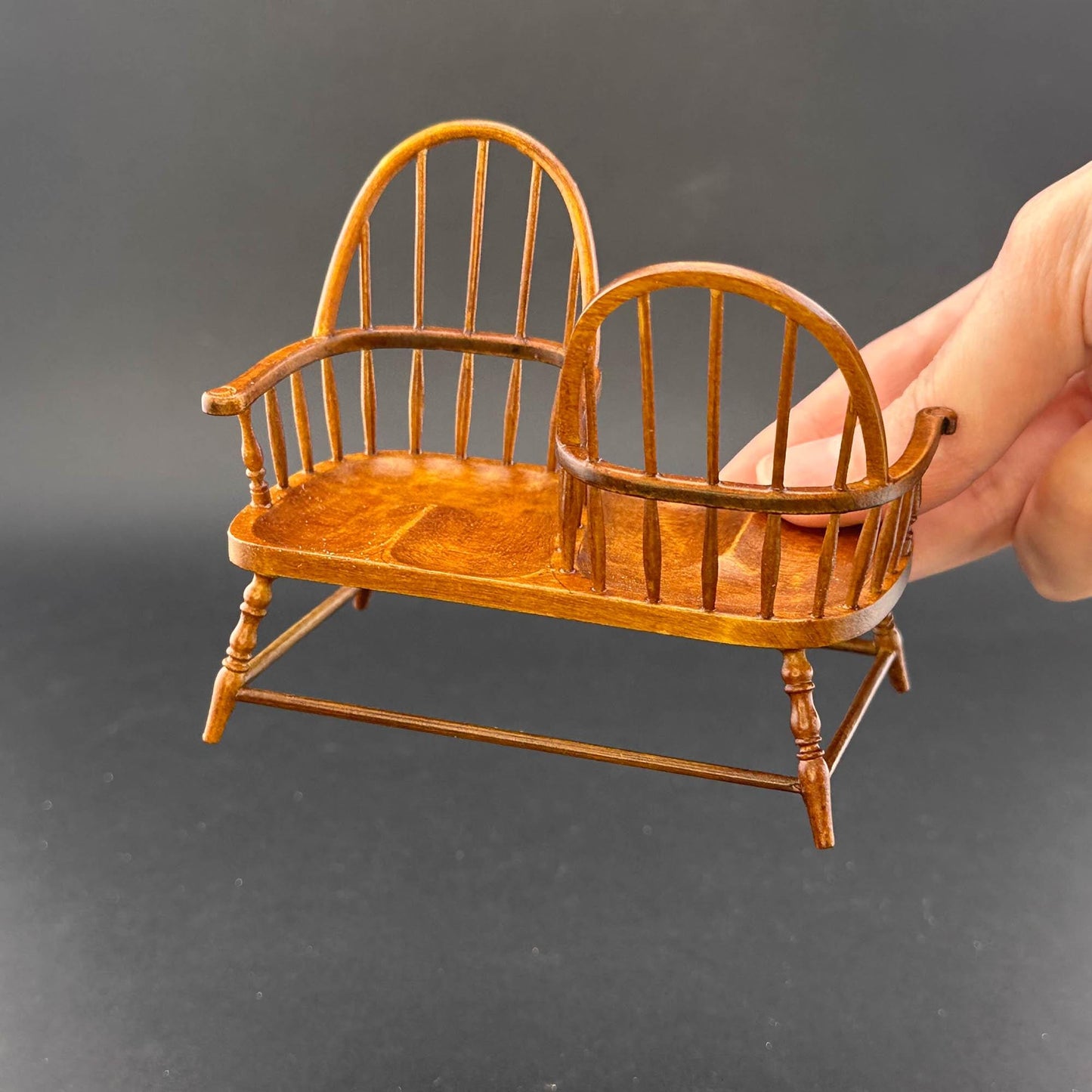 Miniature Love Seat Kissing Bench, Wooden High Back Double Spindle Windsor Style for 1:12 scale dollhouse Handcrafted