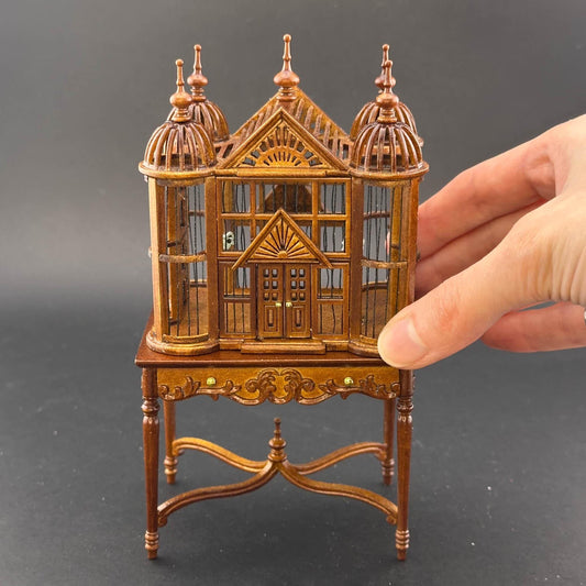 Miniature magnificent wooden Ornate Victorian bird cage with a table for a 1:12 dollhouse Large Walnut handcraftes
