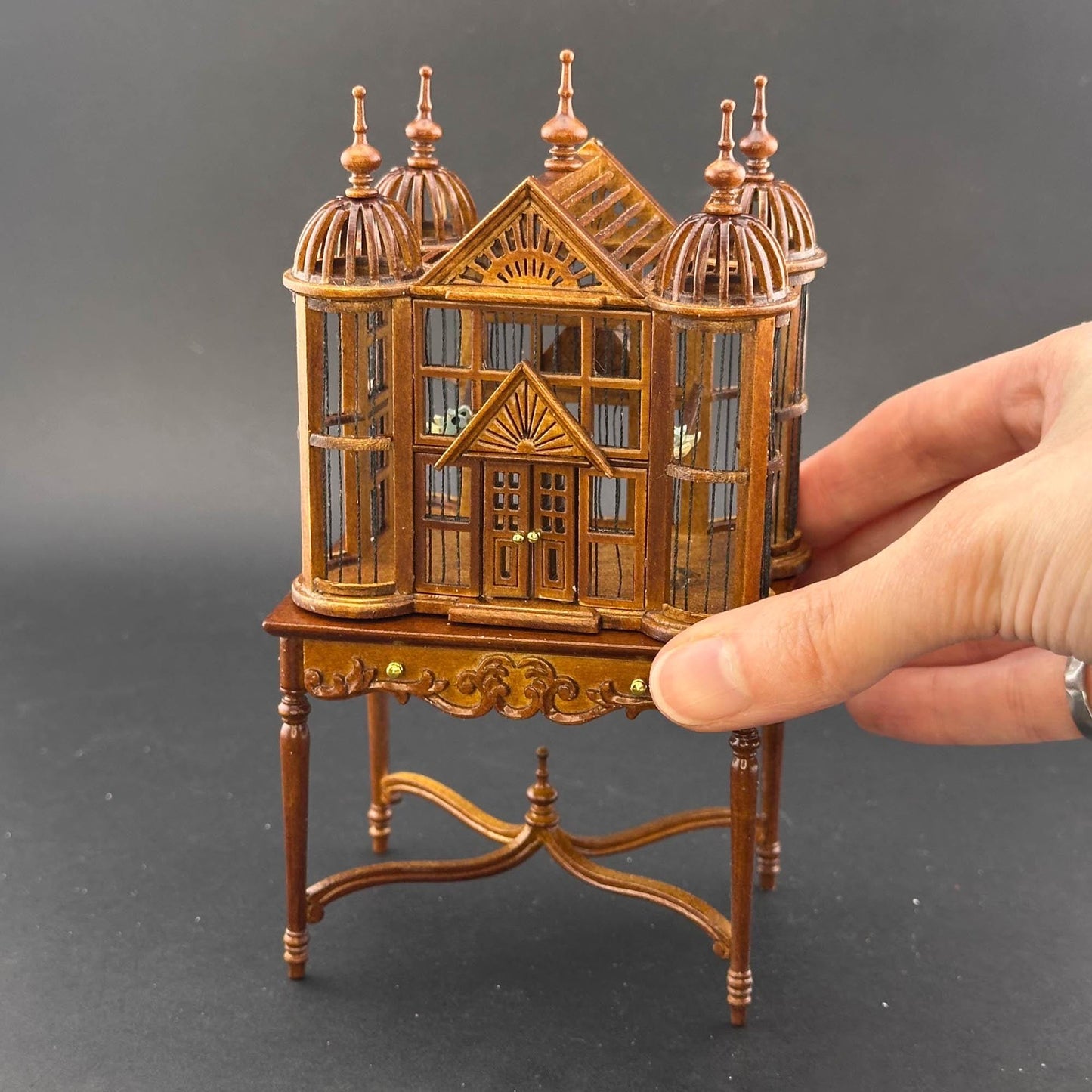 Miniature magnificent wooden Ornate Victorian bird cage with a table for a 1:12 dollhouse Large Walnut handcraftes