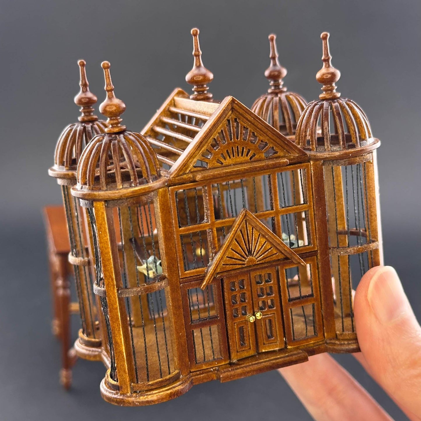 Miniature magnificent wooden Ornate Victorian bird cage with a table for a 1:12 dollhouse Large Walnut handcraftes