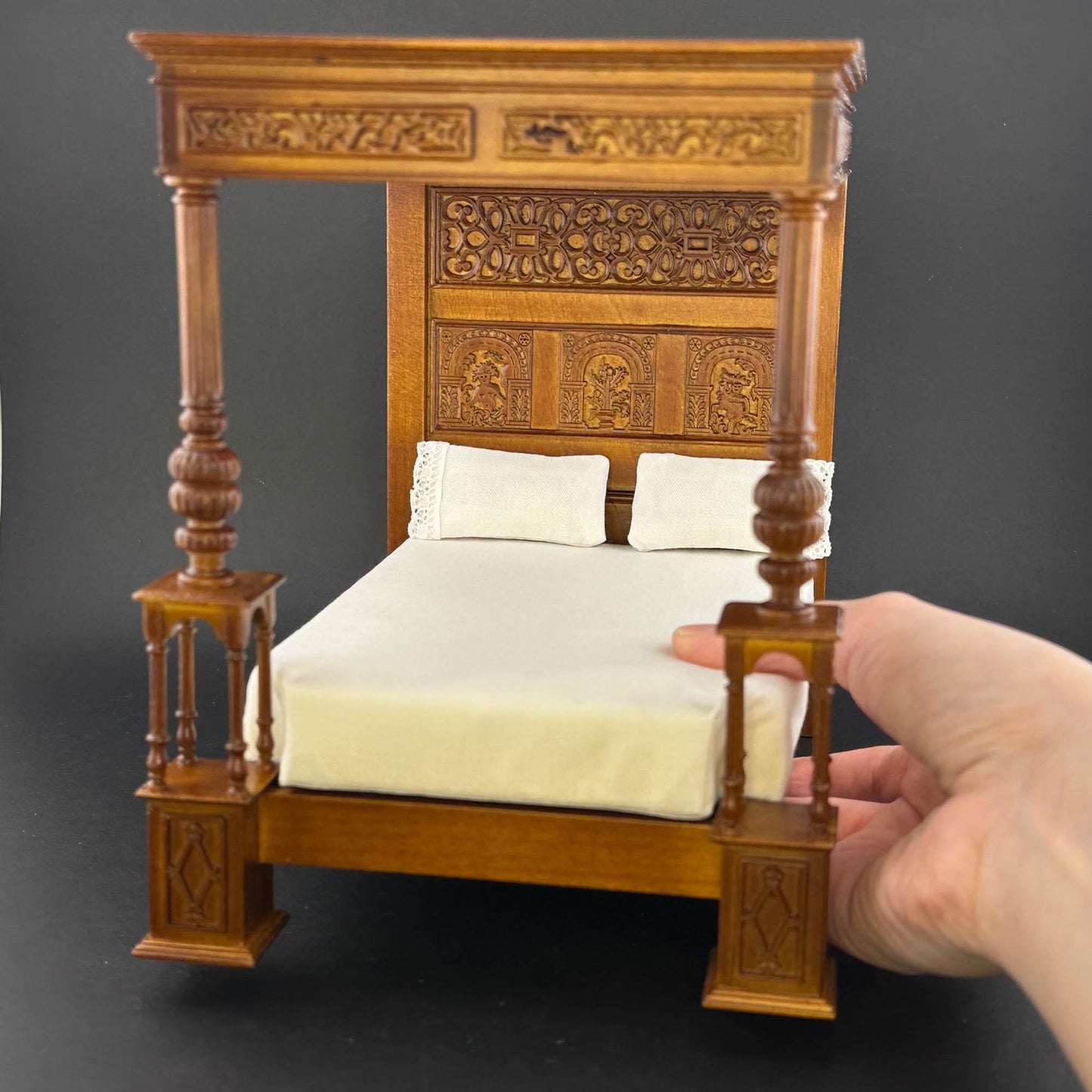 Canopy wooden late 16th century England walnut Four Poster Bed 1:12 scale dollhouse miniature handcrafted replica of the Great Bed of Ware