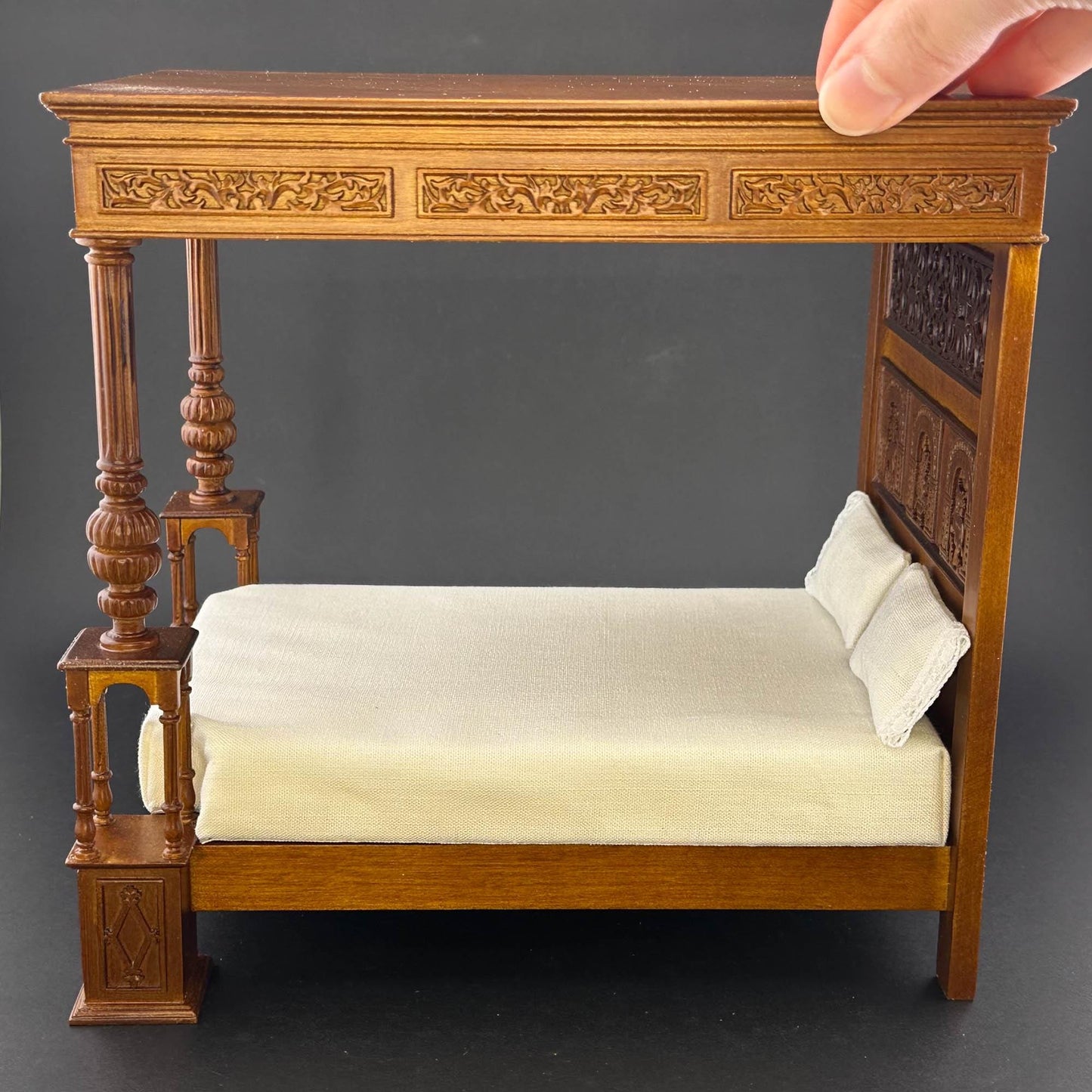 Canopy wooden late 16th century England walnut Four Poster Bed 1:12 scale dollhouse miniature handcrafted replica of the Great Bed of Ware