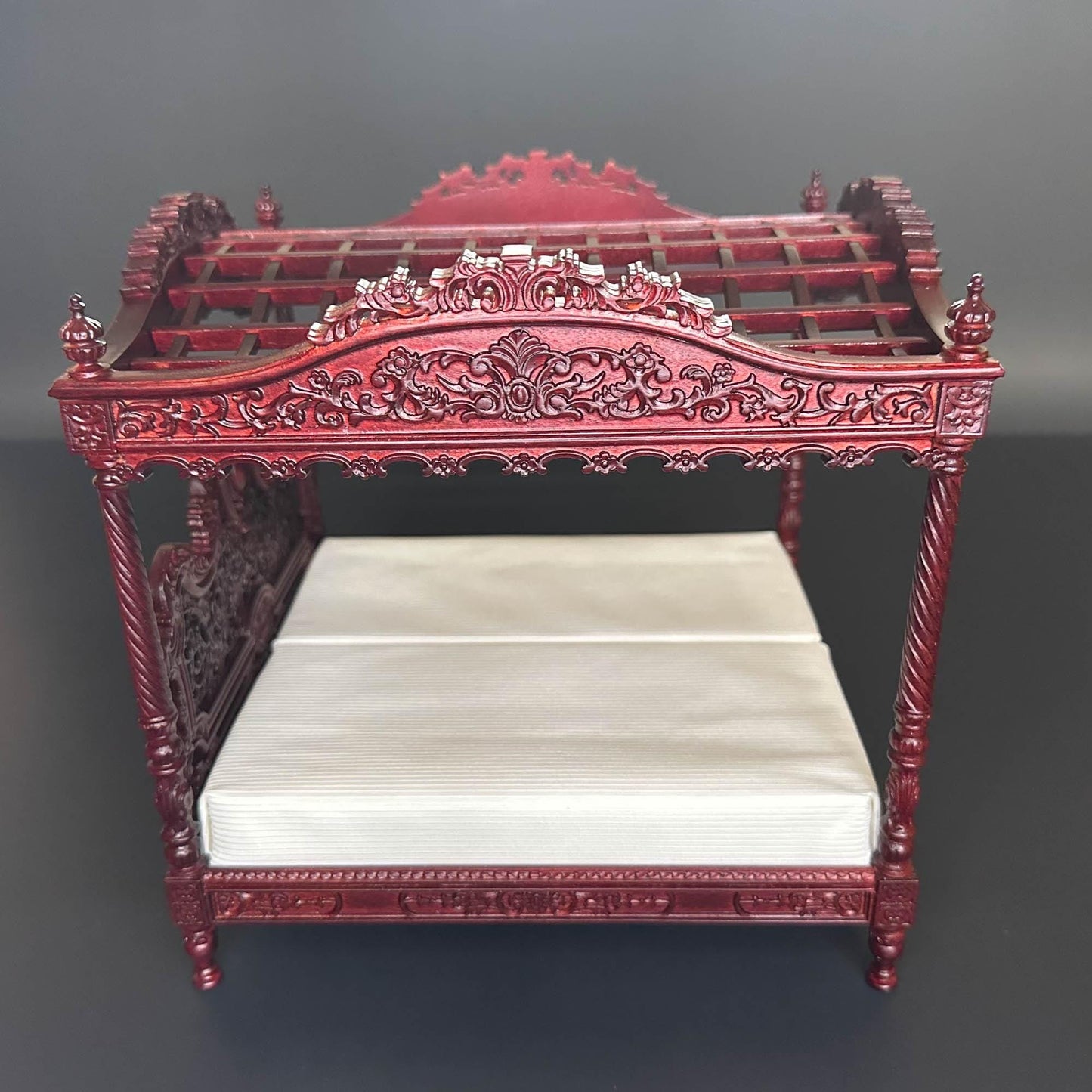 A Miniature Masterpiece king-size wooden Baroque Carved Mahogany Victorian Rococo Revival Canopy Bed Replica in  1:12 scale dollhouse