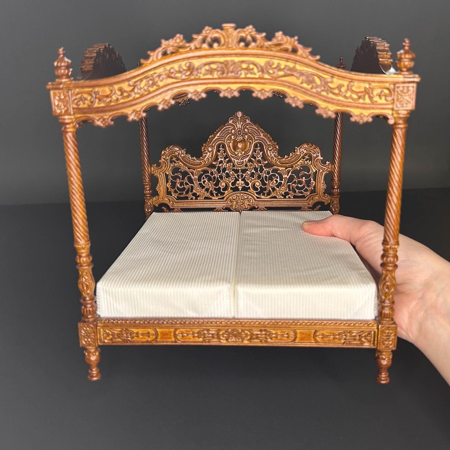 A Miniature Masterpiece king-size wooden Baroque Carved Walnut Victorian Rococo Revival Canopy Bed Replica in  1:12 scale dollhouse