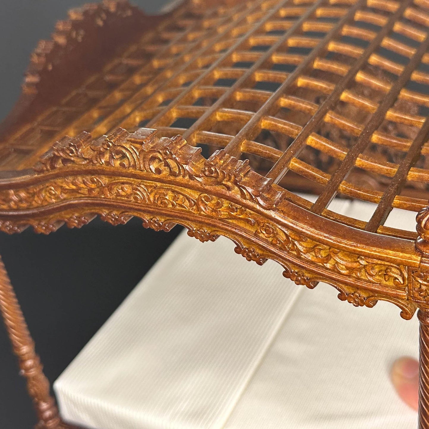 A Miniature Masterpiece king-size wooden Baroque Carved Walnut Victorian Rococo Revival Canopy Bed Replica in  1:12 scale dollhouse