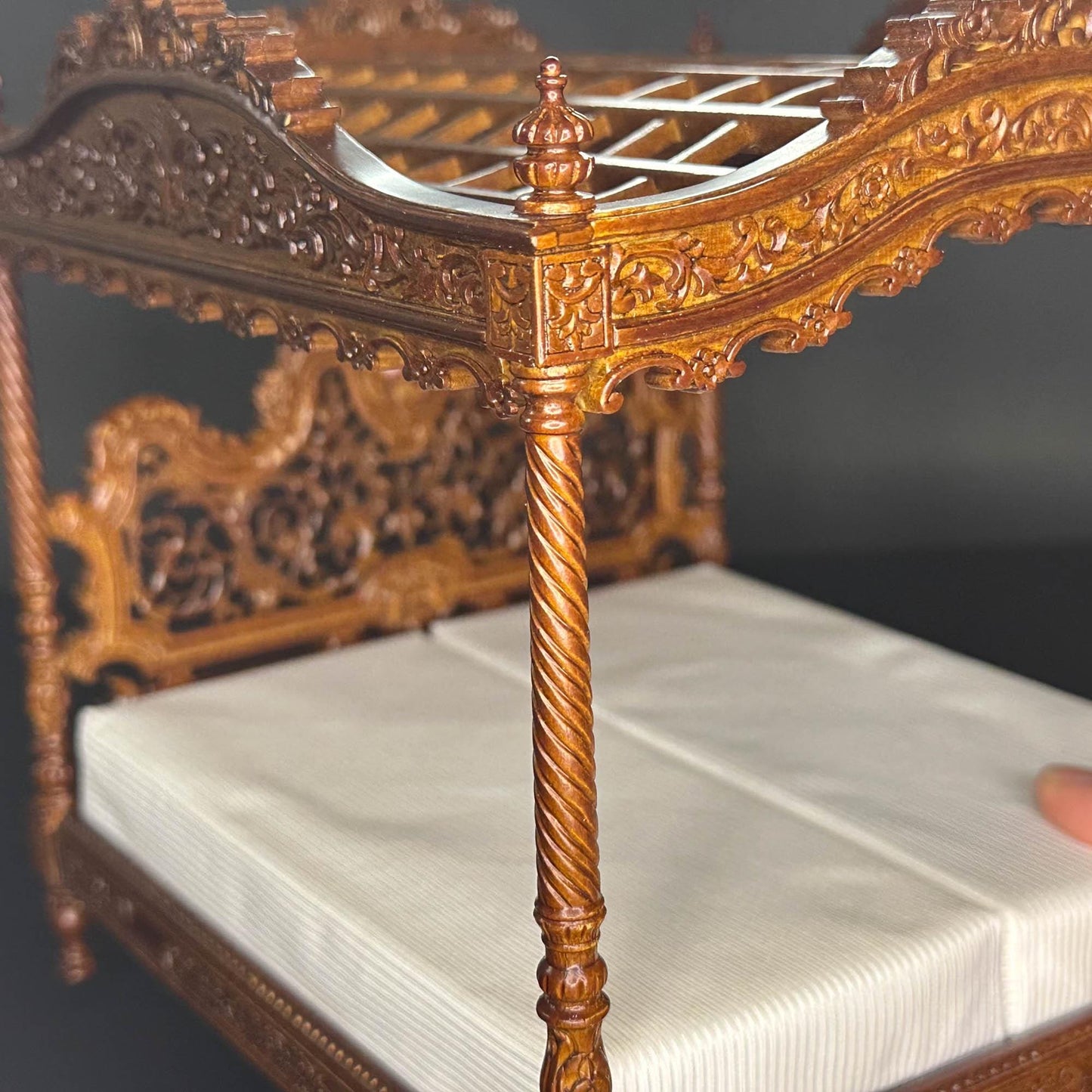 A Miniature Masterpiece king-size wooden Baroque Carved Walnut Victorian Rococo Revival Canopy Bed Replica in  1:12 scale dollhouse