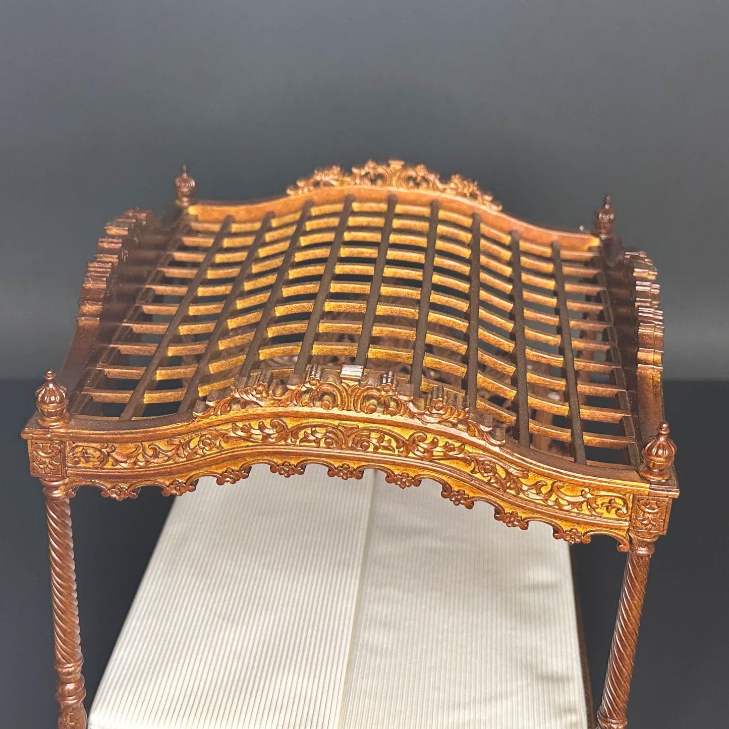 A Miniature Masterpiece king-size wooden Baroque Carved Walnut Victorian Rococo Revival Canopy Bed Replica in  1:12 scale dollhouse
