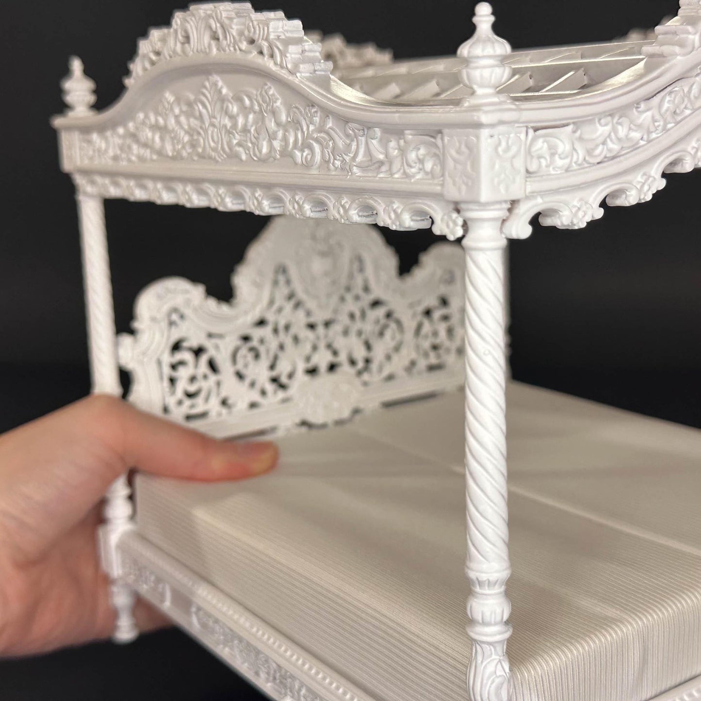 A Miniature Masterpiece king-size wooden Baroque Carved White Victorian Rococo Revival Canopy Bed Replica in  1:12 scale dollhouse