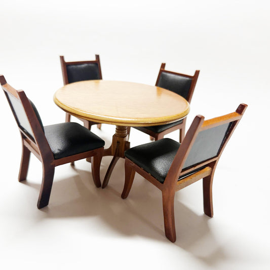 Miniature set - Four upholstered chairs and a round table for a dining room - card game room, designed for dollhouses in 1:12 scale