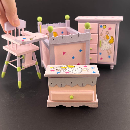 Fairy-themed pink nursery Economic 4pcs Set. miniature for 1:12 scale dollhouse dresser, crib, high chair, and toy chest Baby room.