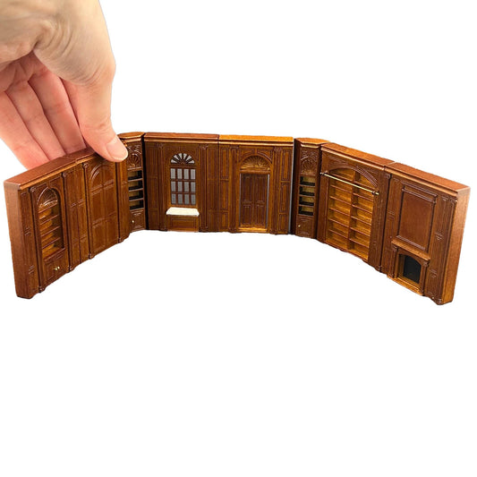 1:48 scale wall panels handcrafted wood  quarter scale  WALNUT 1/48 Top Quality dollhouse miniature shelves fireplace door window