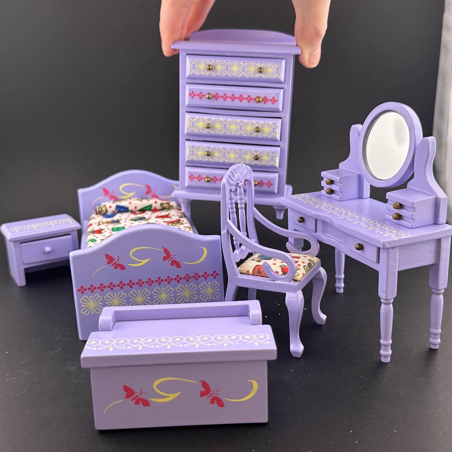 Miniature Purple Toddler Room set 6pcs Makeup chair bed dresser for 1:12 scale dollhouse