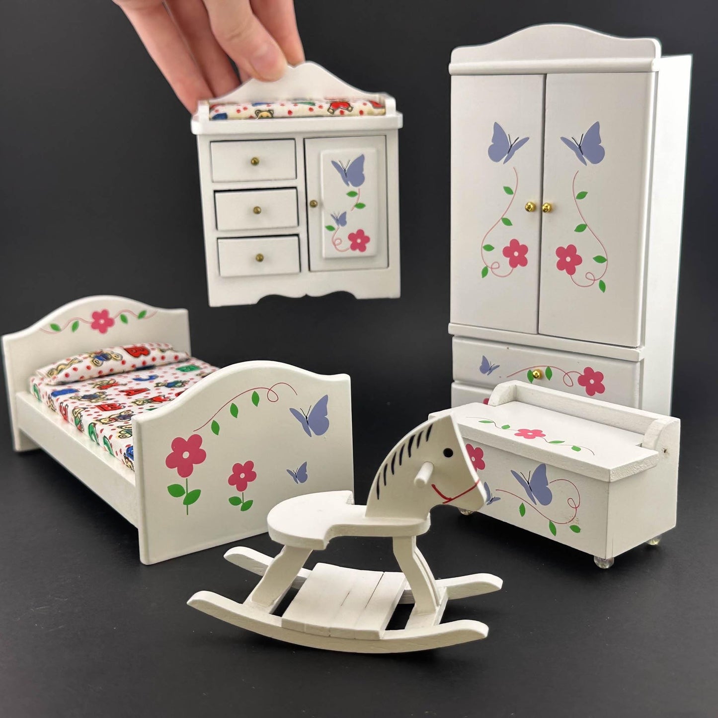 Miniature White Toddler Room set 5pcs bed dresser rocking horse cast for 1:12 scale dollhouse