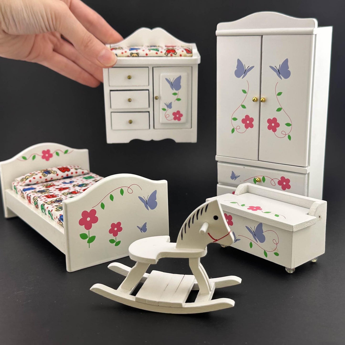 Miniature White Toddler Room set 5pcs bed dresser rocking horse cast for 1:12 scale dollhouse