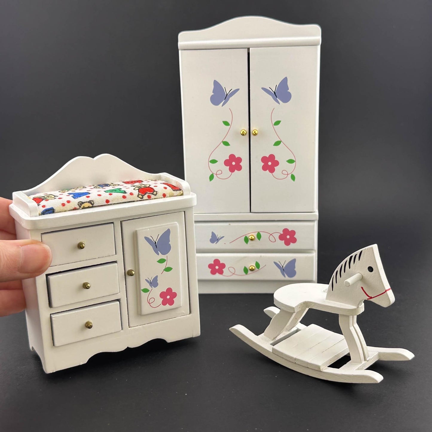 Miniature White Toddler Room set 5pcs bed dresser rocking horse cast for 1:12 scale dollhouse