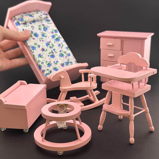 Miniature pink Toddler girl Room set 6pcs bed dresser rocking horse high chair for 1:12 scale dollhouse economic