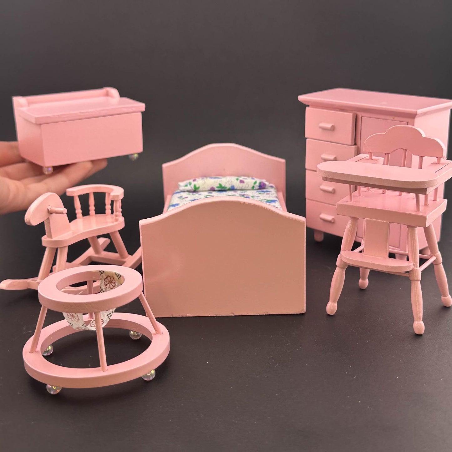 Miniature pink Toddler girl Room set 6pcs bed dresser rocking horse high chair for 1:12 scale dollhouse economic