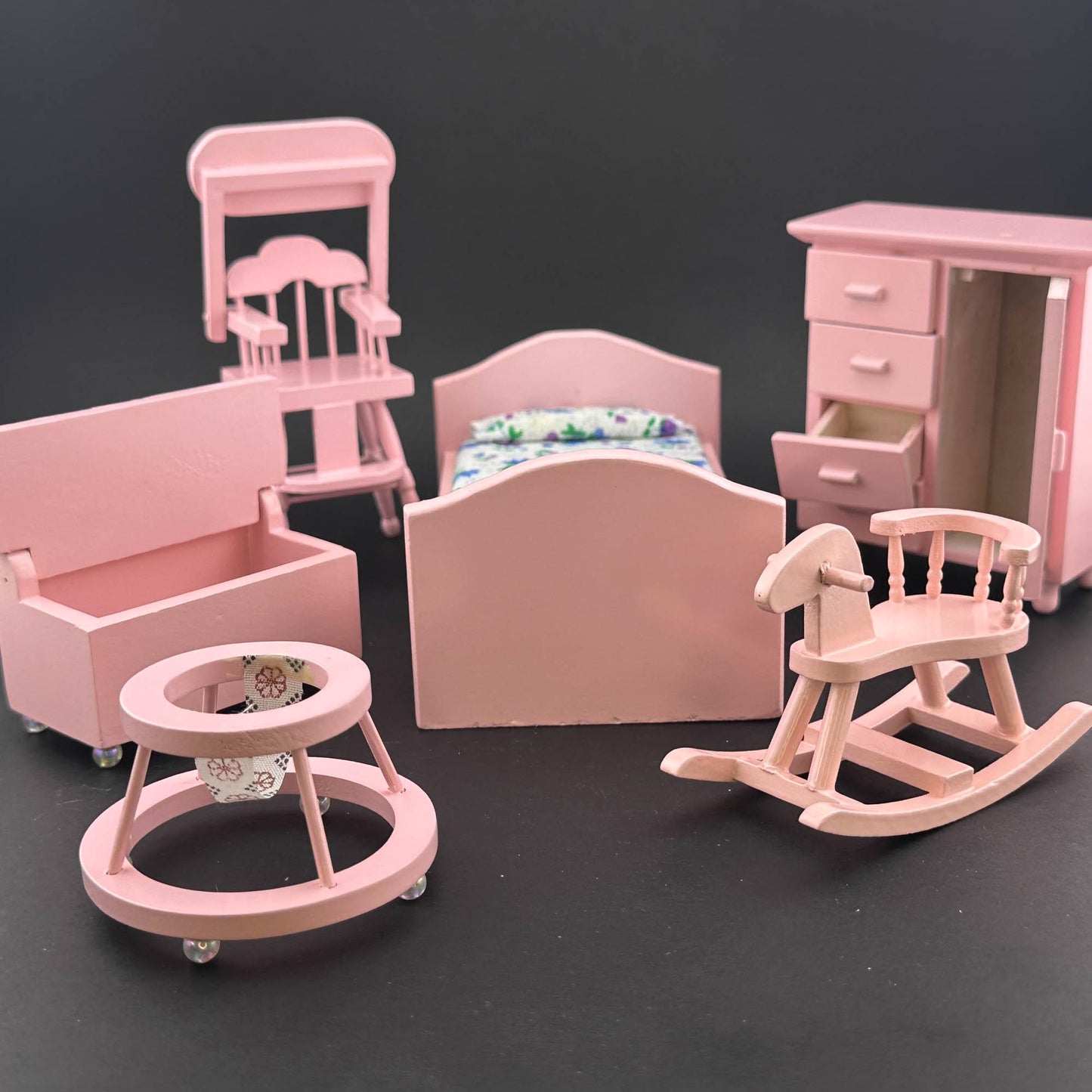 Miniature pink Toddler girl Room set 6pcs bed dresser rocking horse high chair for 1:12 scale dollhouse economic