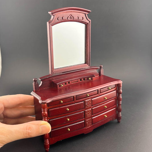 Miniature dresser with mirror for 1:12 scale dollhouse wood In mahogany color with functional drawers.