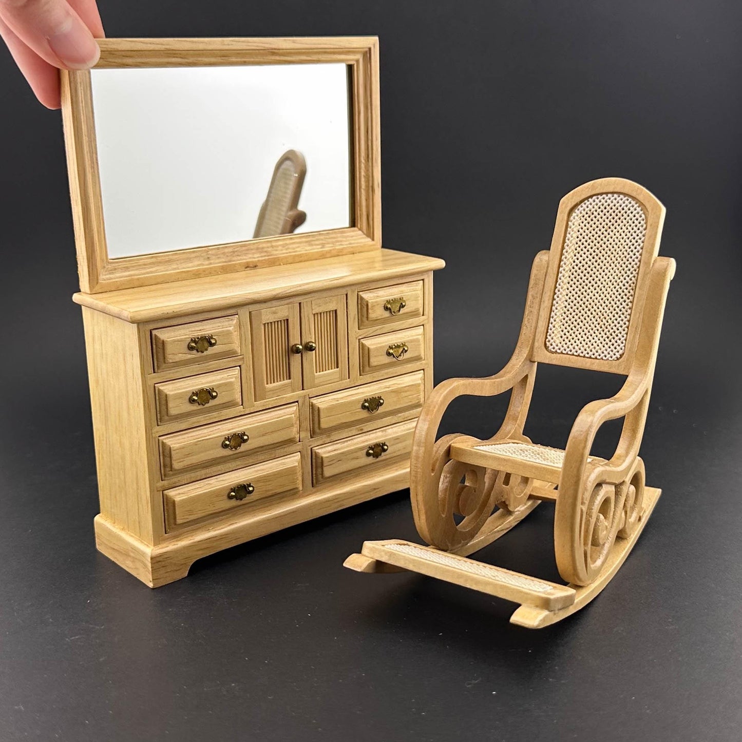 Miniature bedroom suite Economy Set 4pcs bed rocking chair dresser bedstand for 1:12 scale dollhouses miniature oak wood