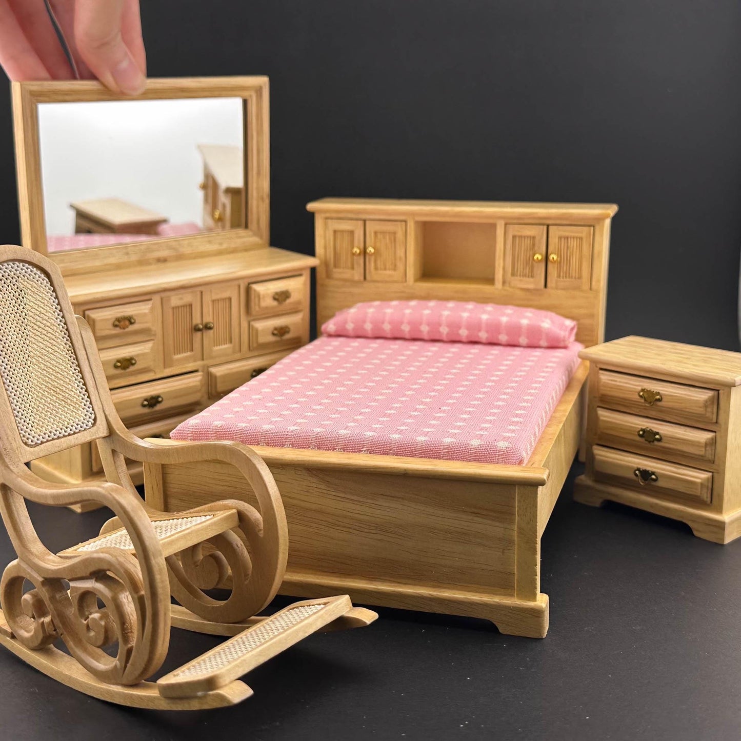 Miniature bedroom suite Economy Set 4pcs bed rocking chair dresser bedstand for 1:12 scale dollhouses miniature oak wood